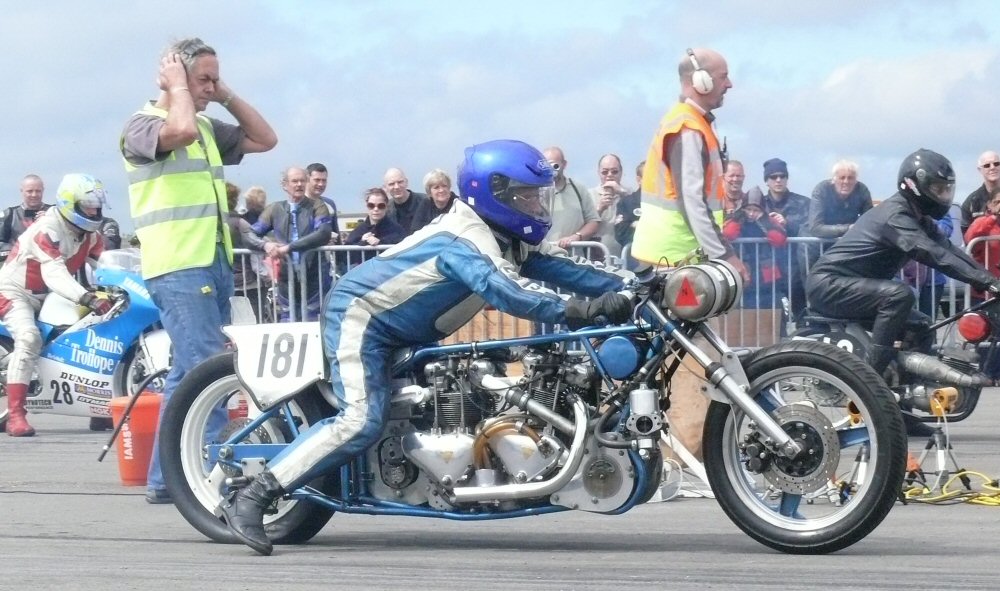 Blown double-engined Triumph of Ray Law at VMCC Sprint, RAF Wroughton 21-08-2012.