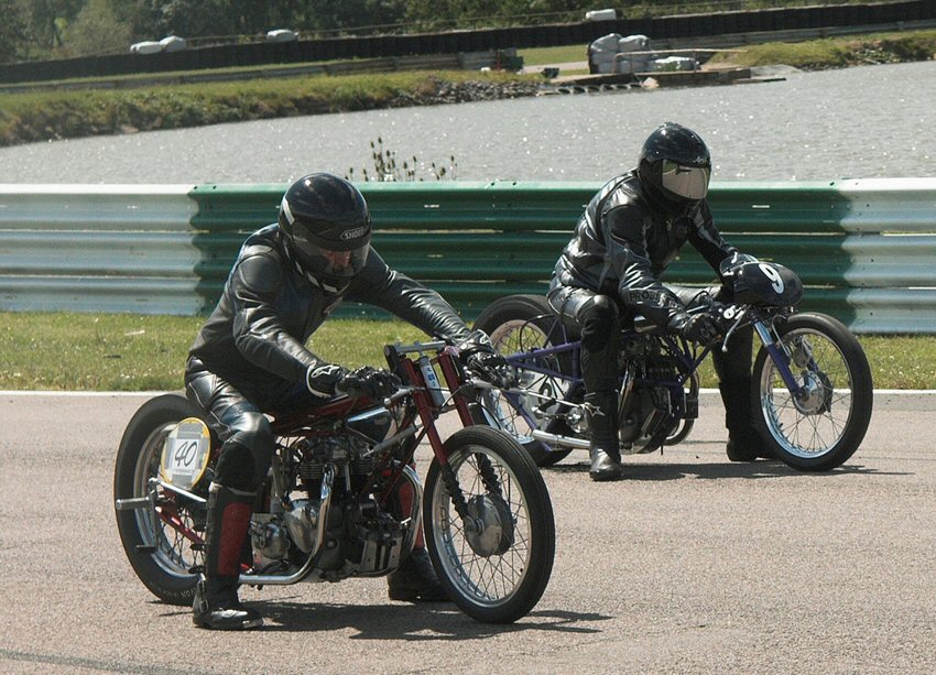 Myself on the red Hagon, Andy on the purple "Morado" 500 Triumph